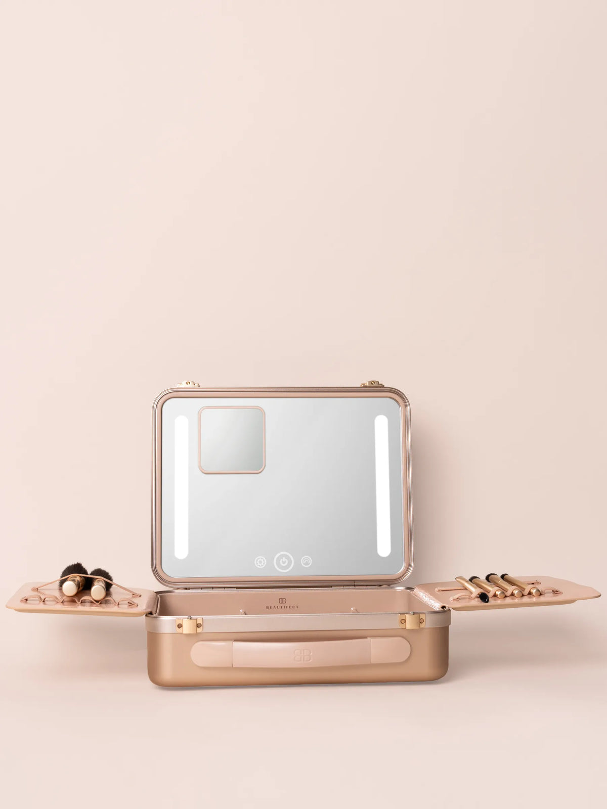 Beautifect Box Gold open with its LED mirror illuminated and both brush flaps folded out